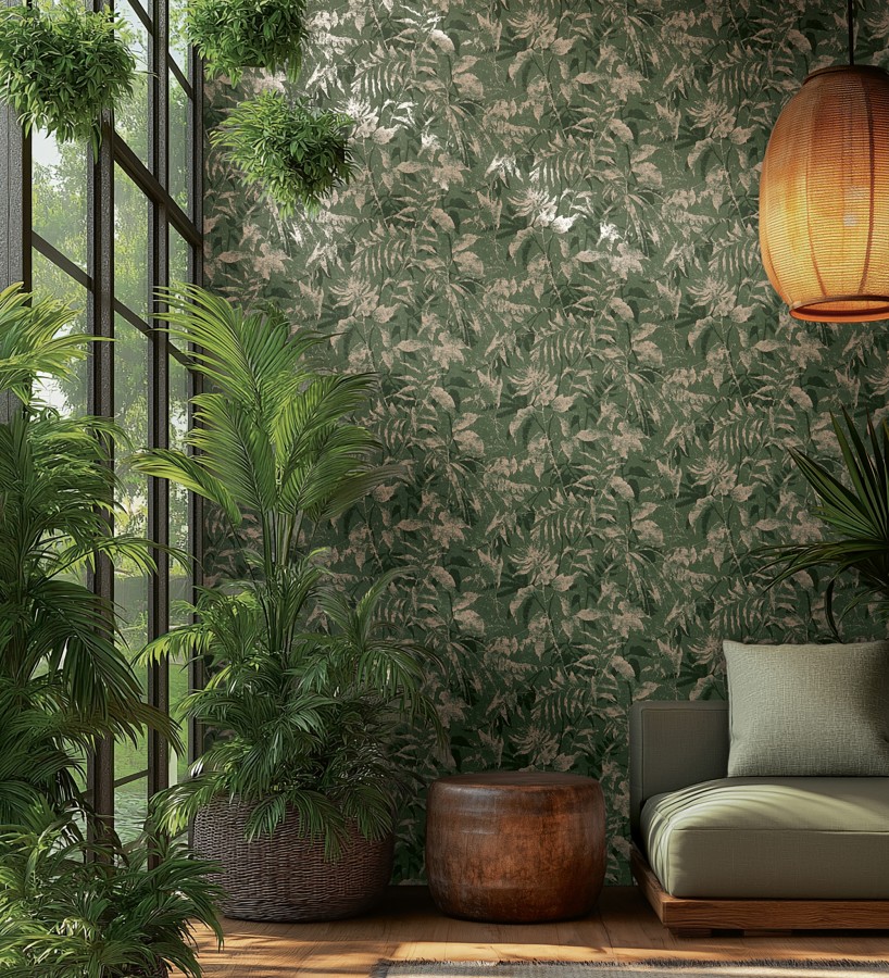 Papel pintado selva vintage de hojas oro viejo fondo verde esmeralda  Hibiscus Radiant 684899