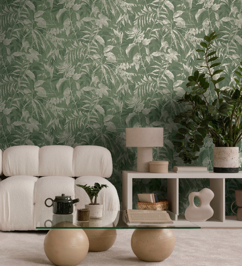 Papel pintado selva vintage de hojas oro viejo fondo verde esmeralda  Hibiscus Radiant 684899