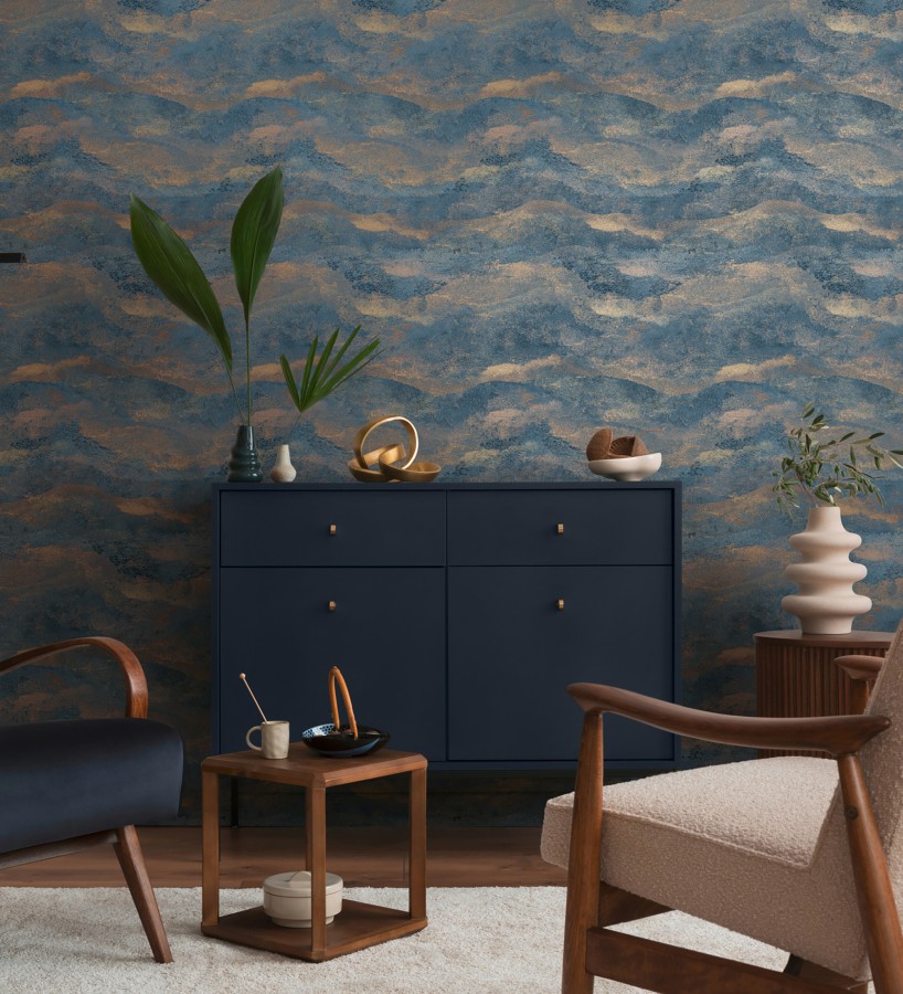 Papel pintado lienzo con nubes doradas evanescentes fondo azul  Ocean Bold 684911
