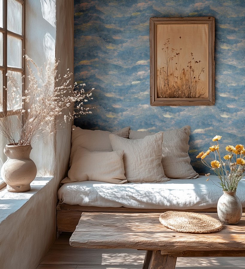 Papel pintado lienzo con nubes doradas evanescentes fondo azul  Ocean Bold 684911