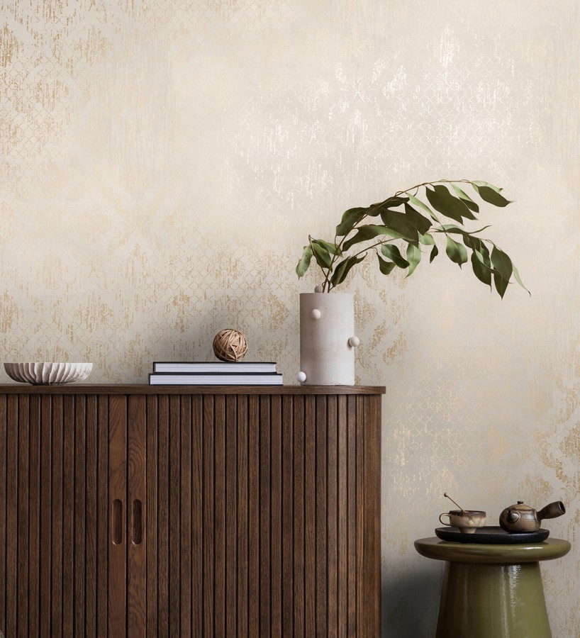 Papel pintado damasco pátina antigua dorado y blanco roto  Roma Eternal 684917