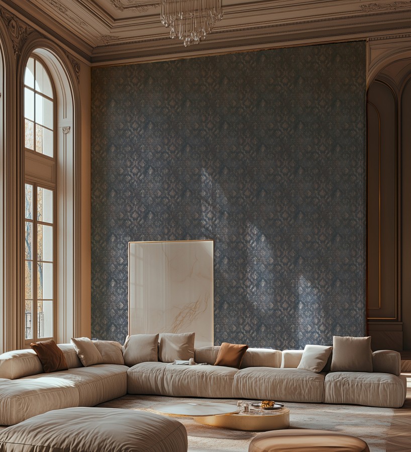 Papel pintado damasco pátina antigua dorado y azul eléctrico  Roma Eternal 684919
