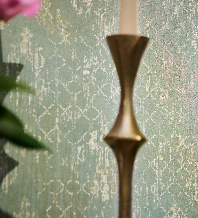 Papel pintado damasco pátina antigua dorado y verde celadón  Roma Eternal 684920