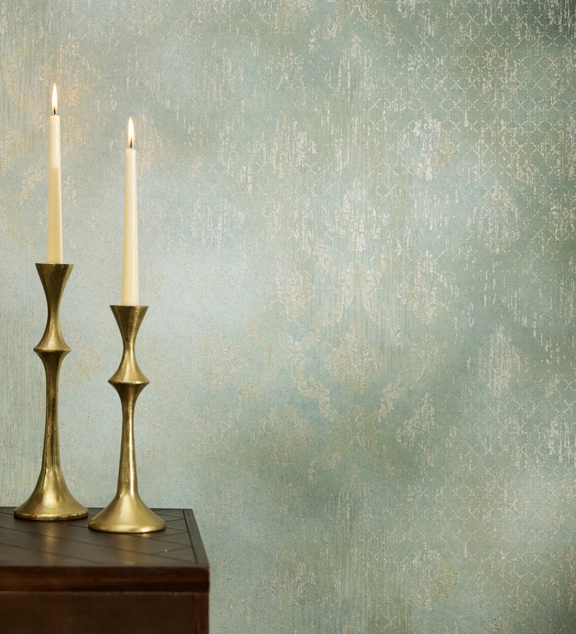 Papel pintado damasco pátina antigua dorado y verde celadón  Roma Eternal 684920