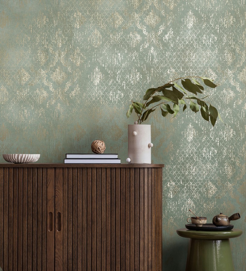 Papel pintado damasco pátina antigua dorado y verde celadón  Roma Eternal 684920