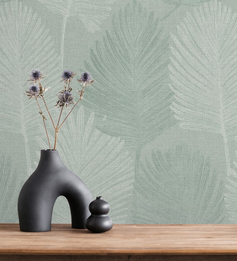 Papel pintado sutiles palmas verdes textura textil fondo verde salvia  Lantau Mystic 684924