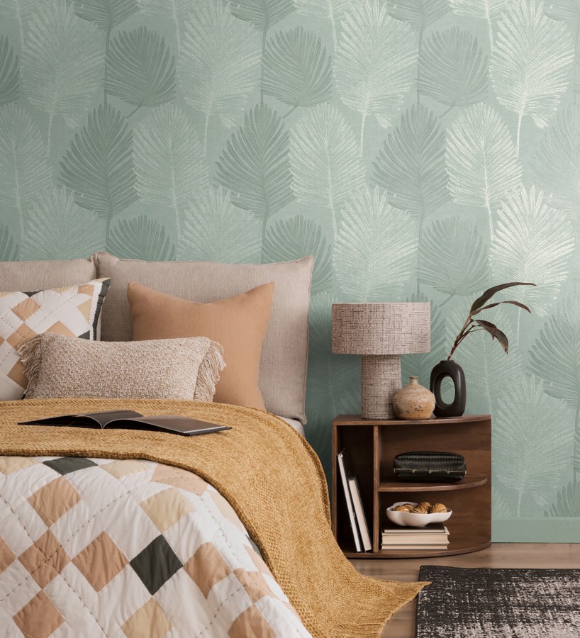 Papel pintado sutiles palmas verdes textura textil fondo verde salvia  Lantau Mystic 684924