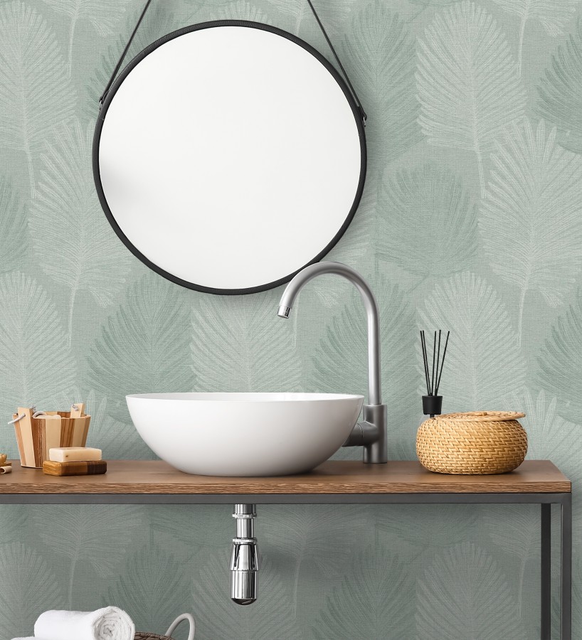 Papel pintado sutiles palmas verdes textura textil fondo verde salvia  Lantau Mystic 684924