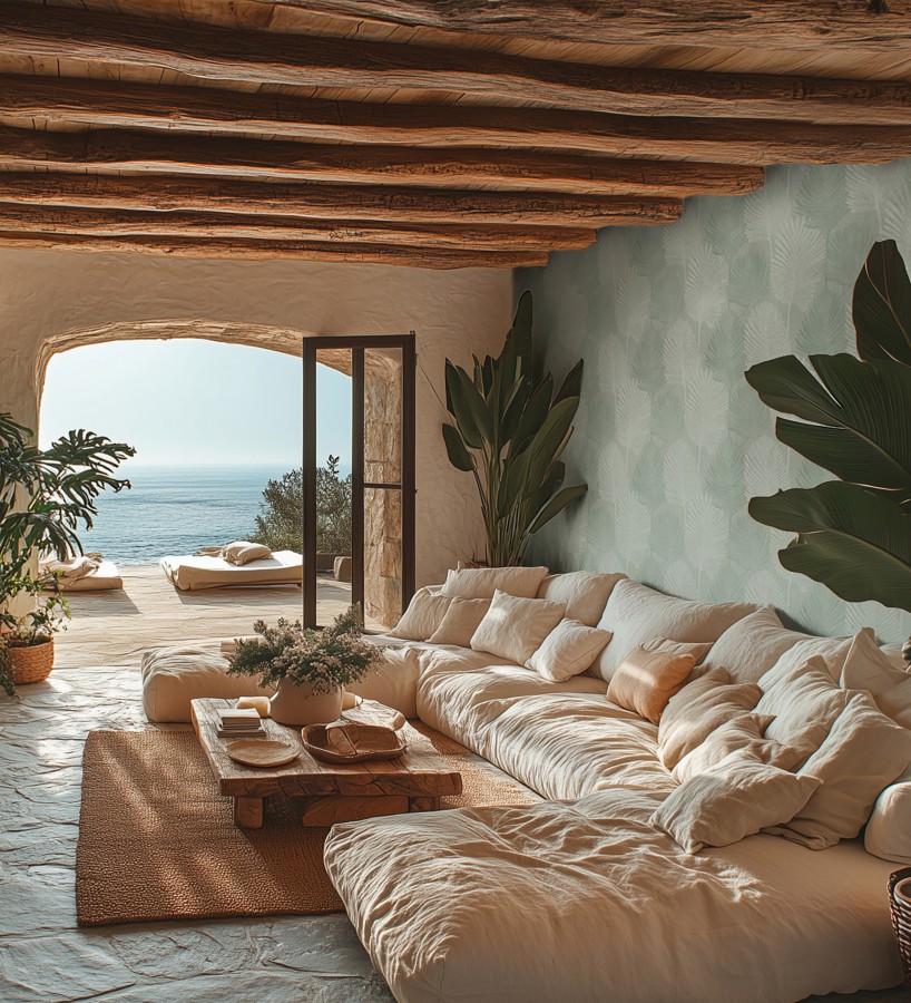 Papel pintado sutiles palmas verdes textura textil fondo verde salvia  Lantau Mystic 684924
