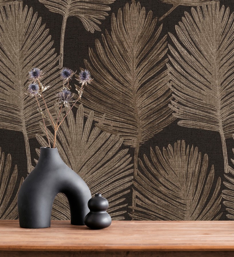 Papel pintado sutiles palmas tonos visón textura textil fondo negro  Lantau Mystic 684926