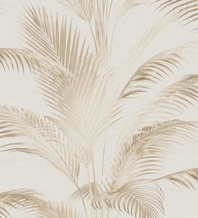 Papel pintado sutiles hojas palmera beige fondo texturizado arena  Tulum Majestic 684927