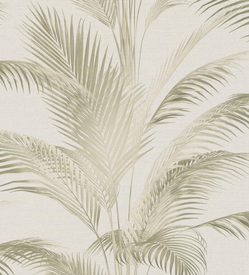 Papel pintado sutiles hojas palmera verde fondo texturizado arena  Tulum Majestic 684928