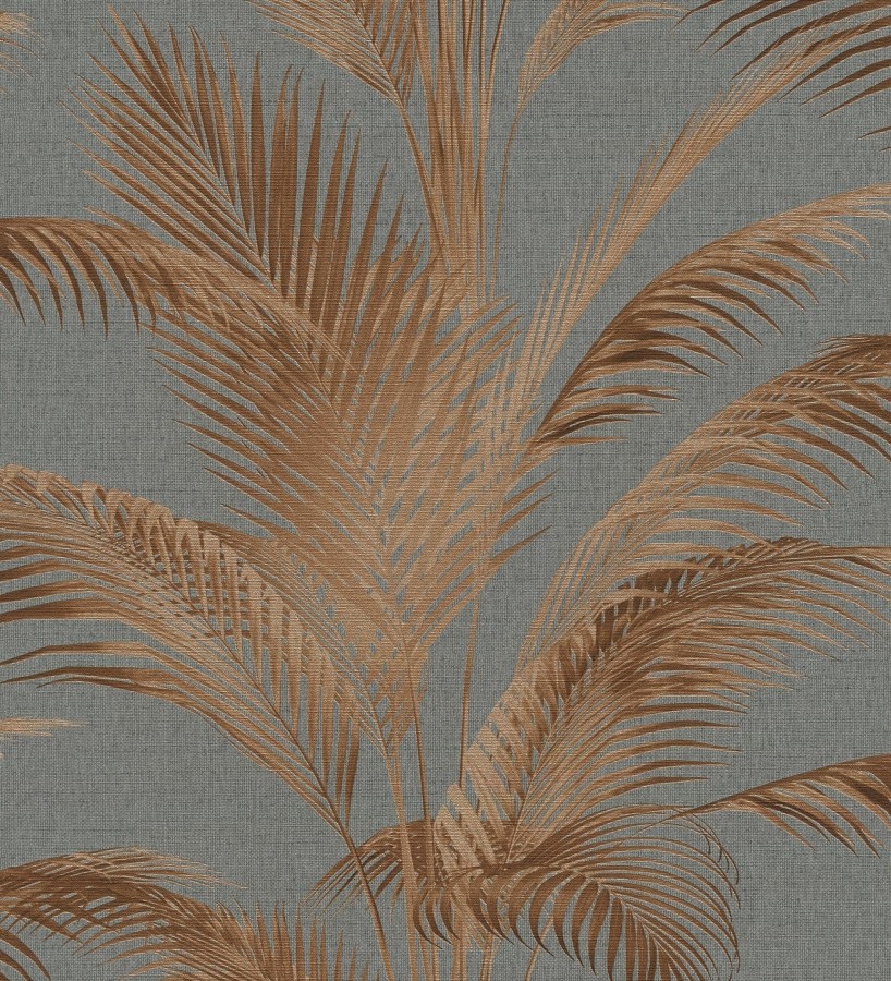 Papel pintado sutiles hojas palmera marrón fondo texturizado antracita  Tulum Majestic 684929
