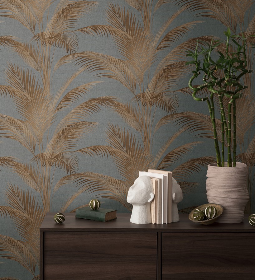 Papel pintado sutiles hojas palmera marrón fondo texturizado antracita  Tulum Majestic 684929