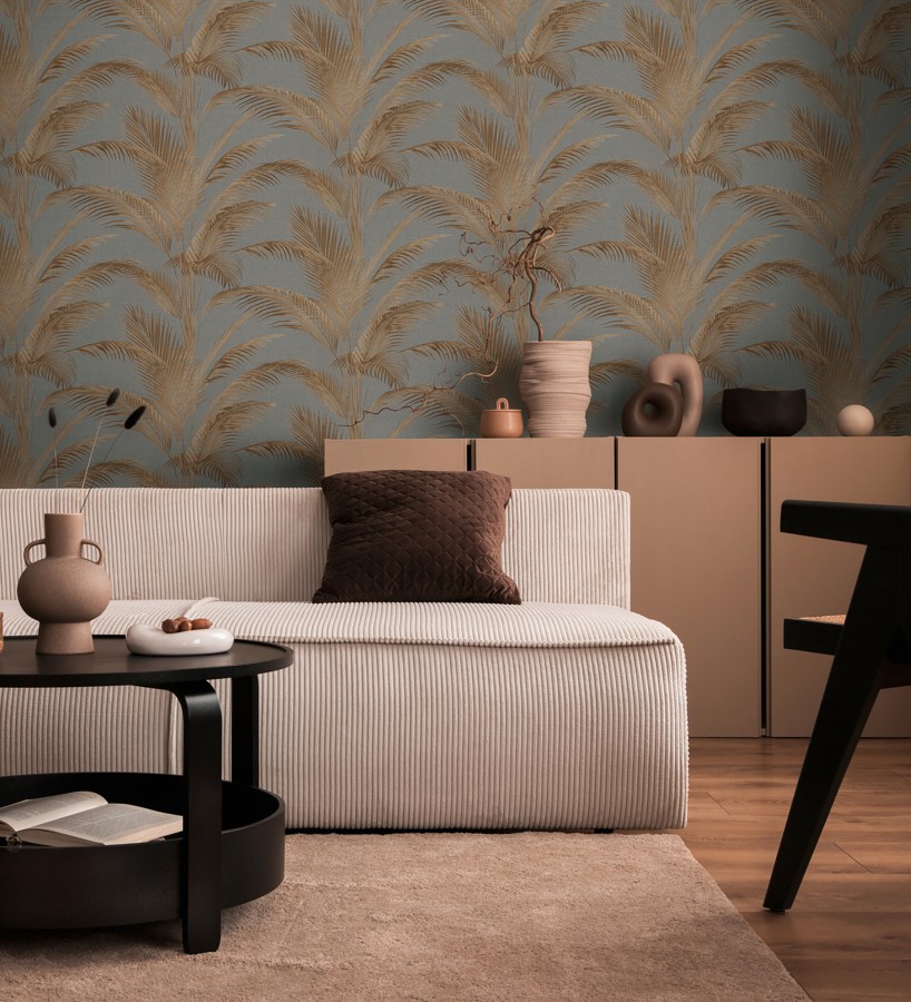 Papel pintado sutiles hojas palmera marrón fondo texturizado antracita  Tulum Majestic 684929