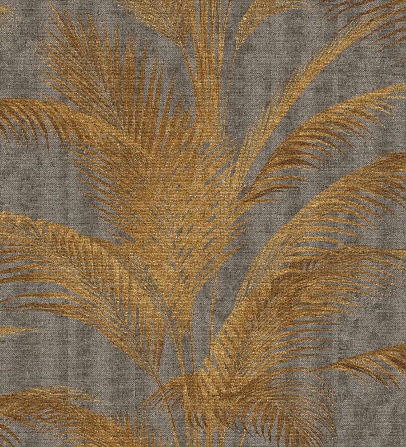 Papel pintado sutiles hojas palmera doradas fondo texturizado gris amarronado  Tulum Majestic 684930