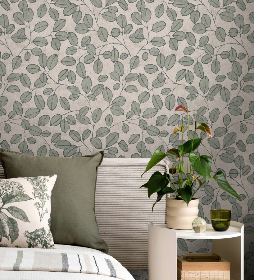 Papel pintado hojas vintage pátina verde bosque claro  Euca Pristine 684944