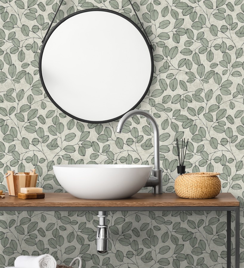 Papel pintado hojas vintage pátina verde bosque claro  Euca Pristine 684944
