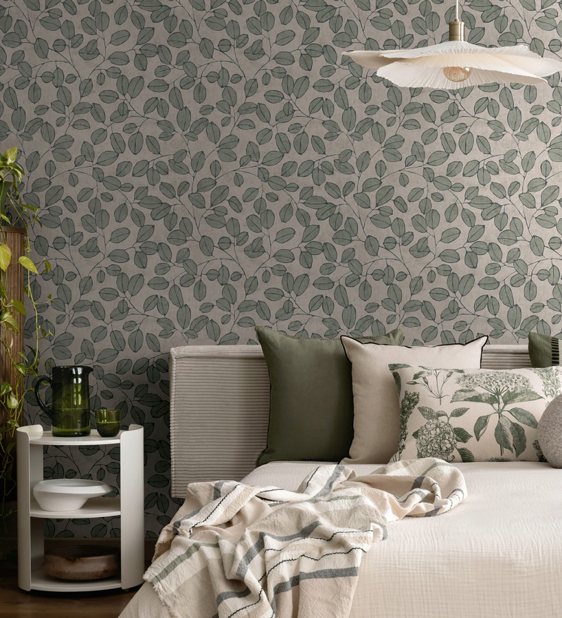 Papel pintado hojas vintage pátina verde bosque claro  Euca Pristine 684944