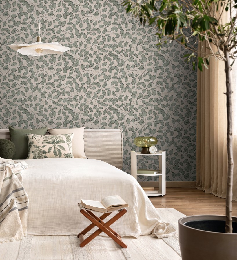Papel pintado hojas vintage pátina verde bosque claro  Euca Pristine 684944
