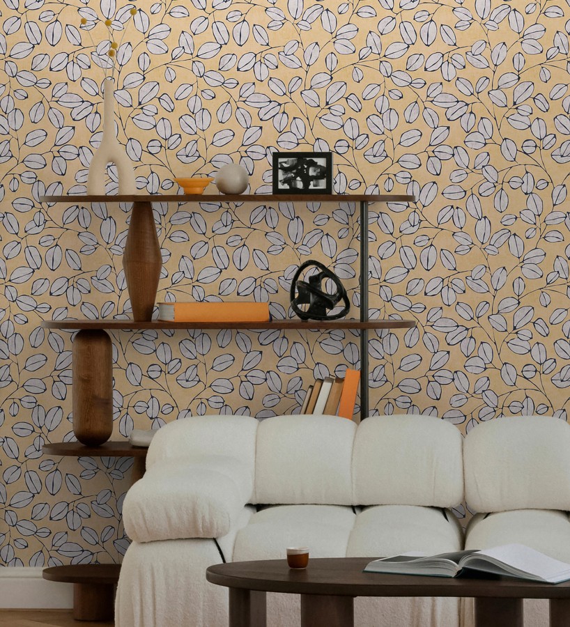 Papel pintado hojas vintage pátina amarillo mostaza  Euca Pristine 684946
