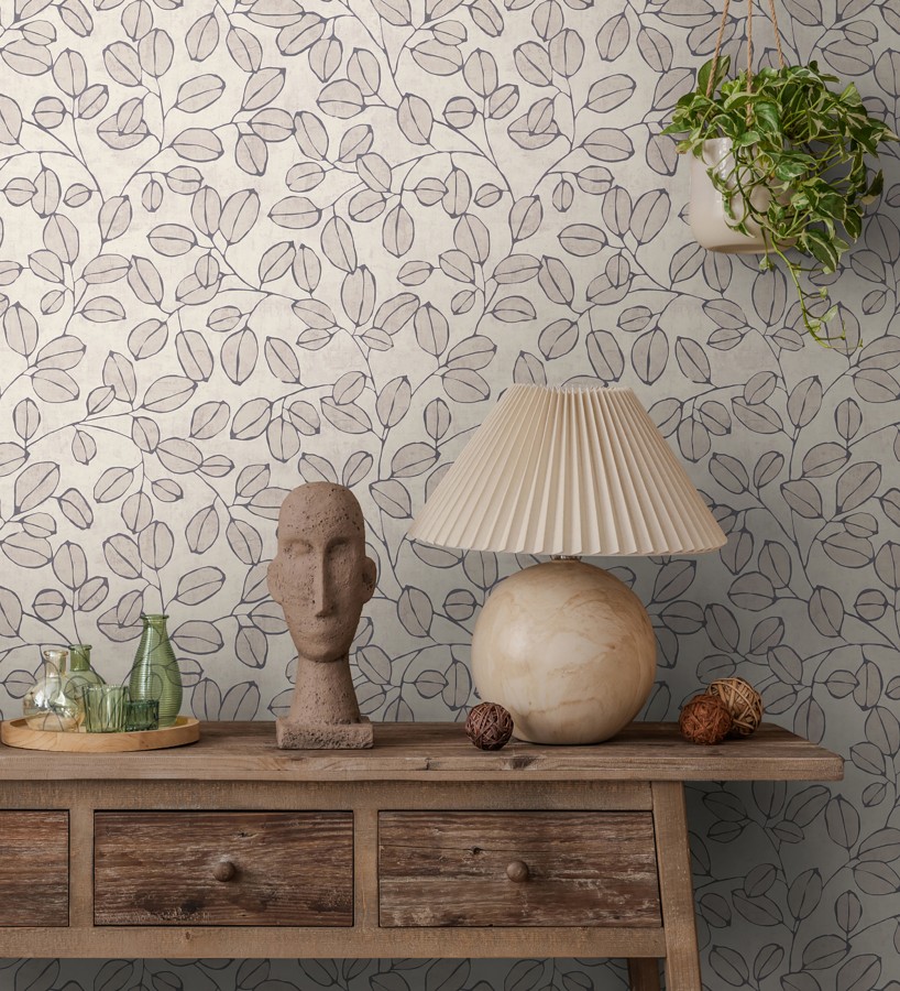 Papel pintado hojas vintage pátina gris piedra  Euca Pristine 684947