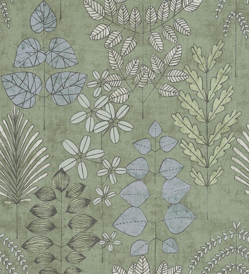 Papel pintado herbario retro vintage refinado pátina fondo color verde  Adelaide Lush 684948