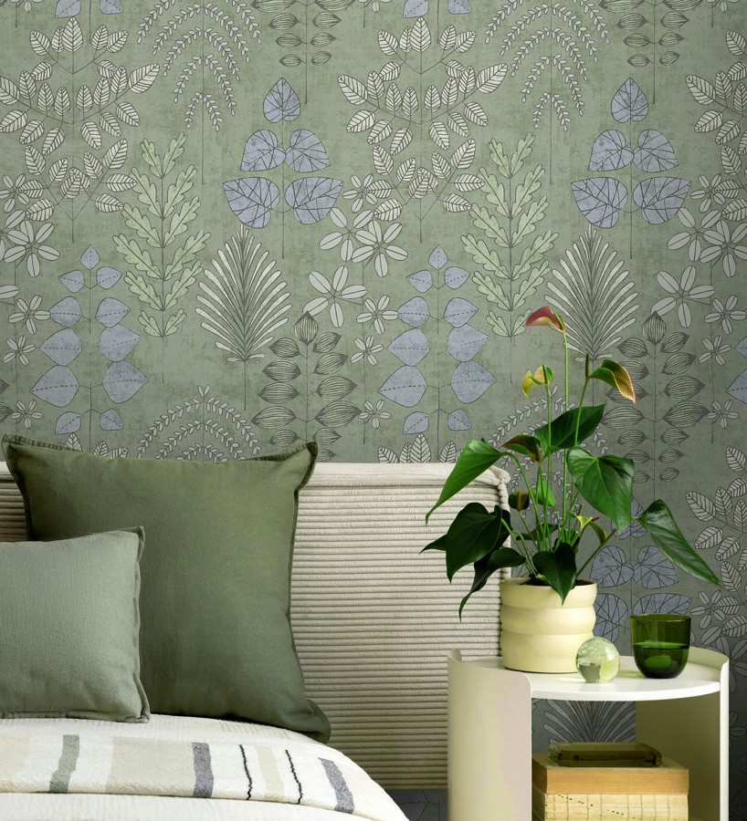 Papel pintado herbario retro vintage refinado pátina fondo color verde  Adelaide Lush 684948