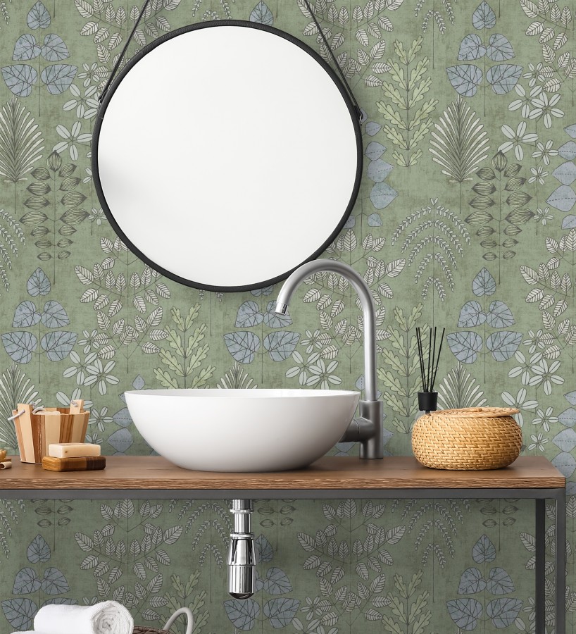 Papel pintado herbario retro vintage refinado pátina fondo color verde  Adelaide Lush 684948