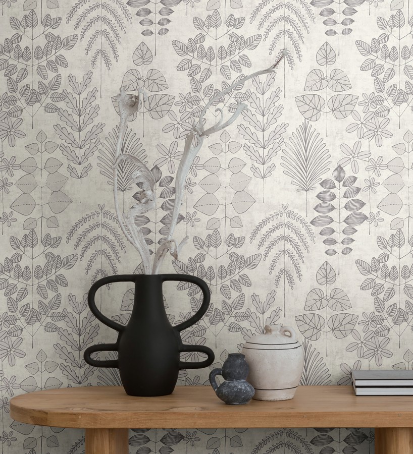 Papel pintado herbario retro vintage refinado pátina fondo color gris claro  Adelaide Lush 684952