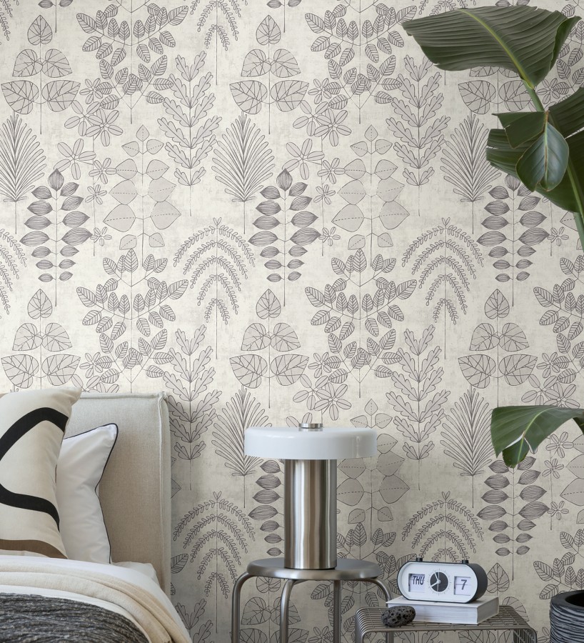 Papel pintado herbario retro vintage refinado pátina fondo color gris claro  Adelaide Lush 684952