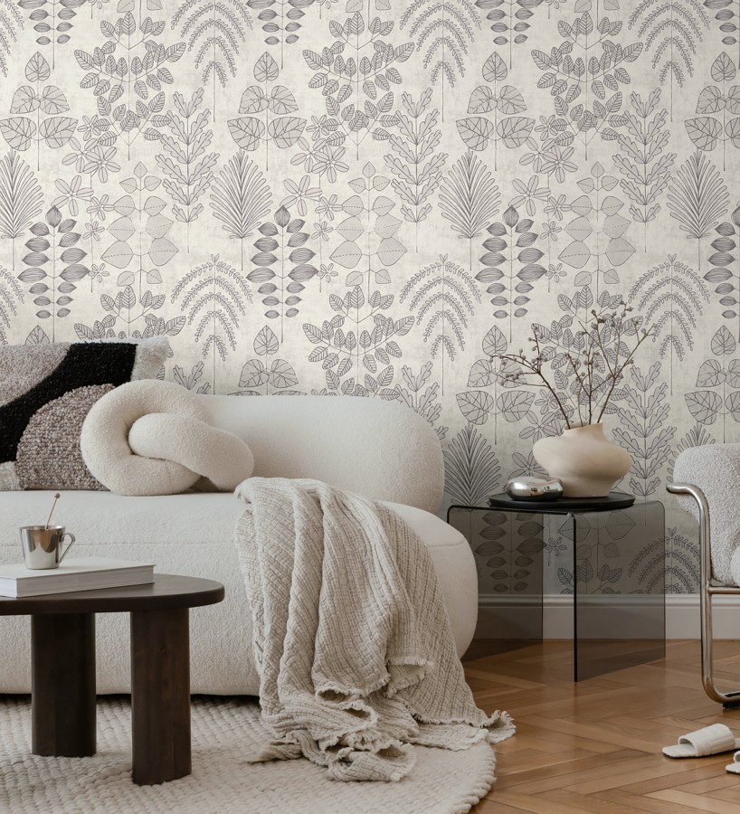 Papel pintado herbario retro vintage refinado pátina fondo color gris claro  Adelaide Lush 684952