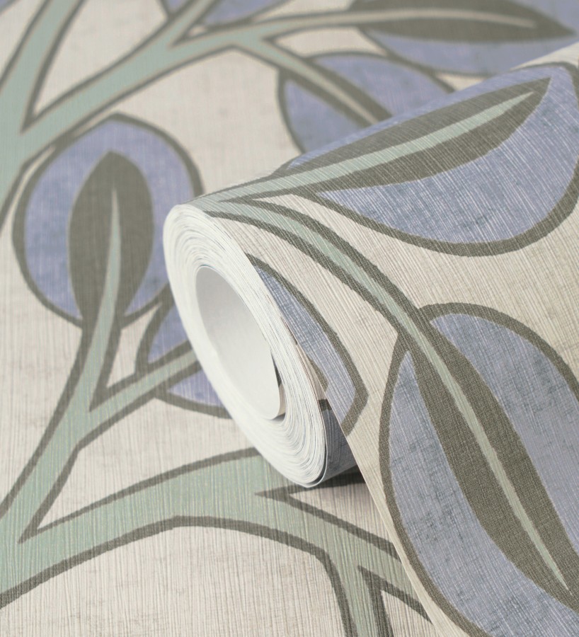 Papel pintado botánico retro refinado hojas azul añil fondo gris piedra  Pippa Spring 684953
