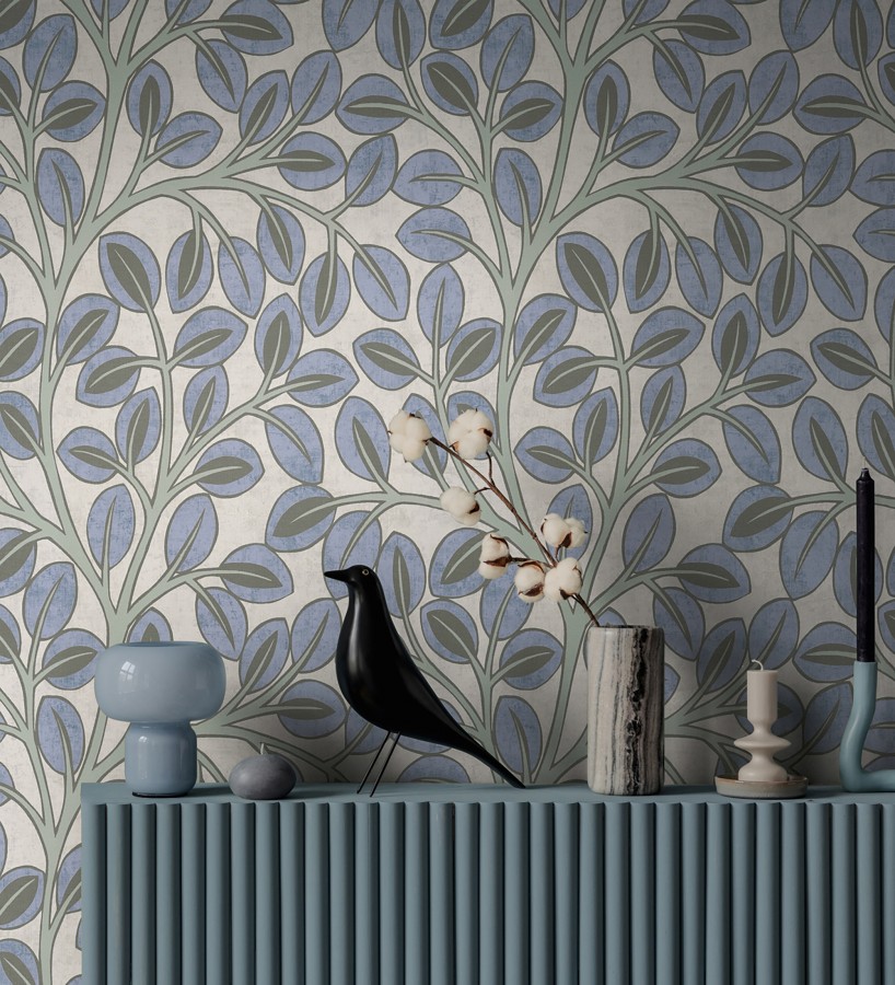 Papel pintado botánico retro refinado hojas azul añil fondo gris piedra  Pippa Spring 684953