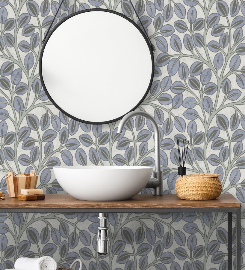 Papel pintado botánico retro refinado hojas azul añil fondo gris piedra  Pippa Spring 684953