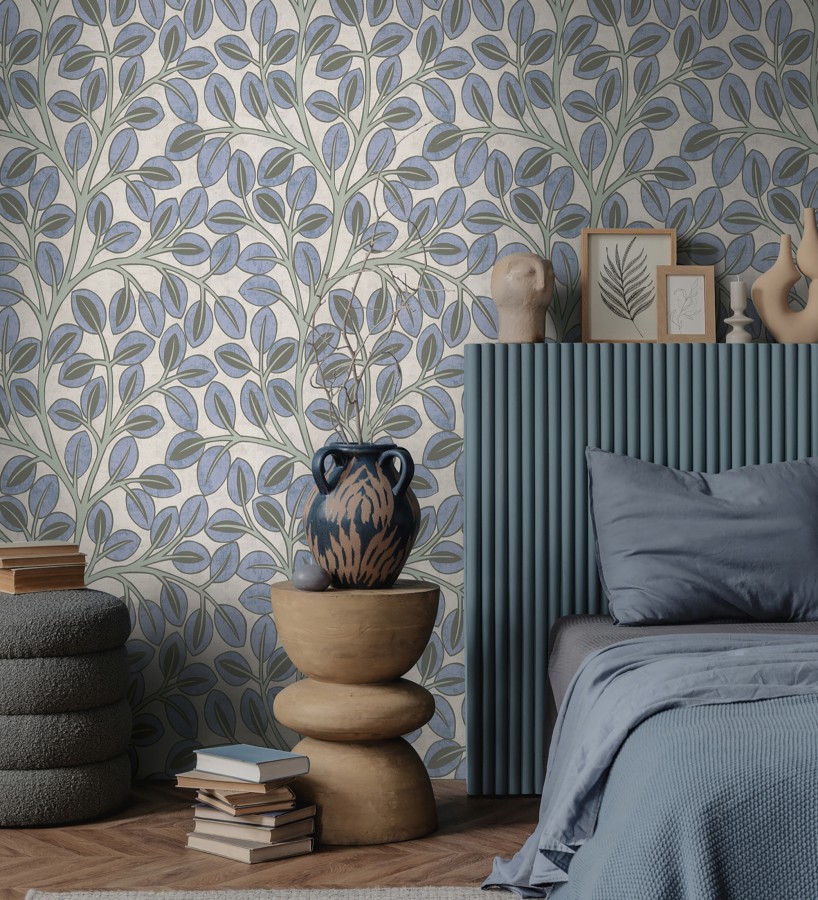 Papel pintado botánico retro refinado hojas azul añil fondo gris piedra  Pippa Spring 684953