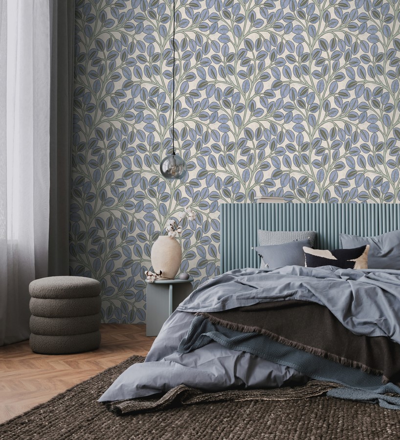 Papel pintado botánico retro refinado hojas azul añil fondo gris piedra  Pippa Spring 684953
