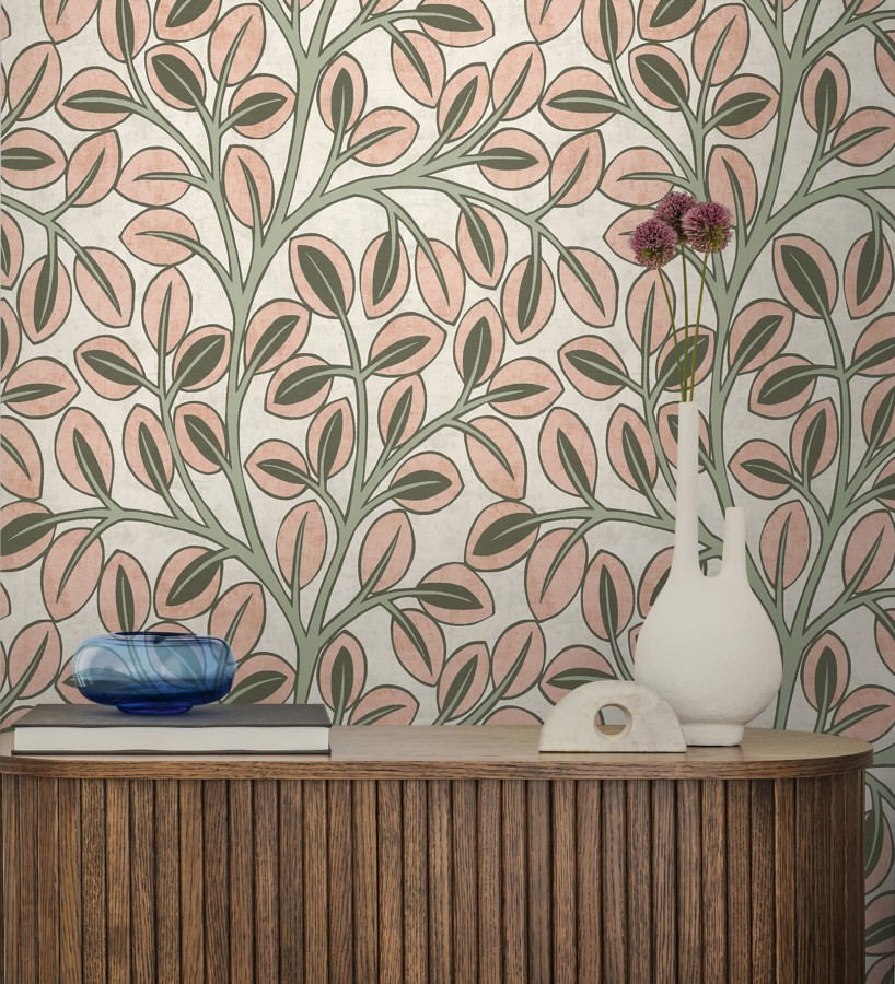 Papel pintado botánico retro refinado hojas salmón fondo arena claro  Pippa Spring 684954
