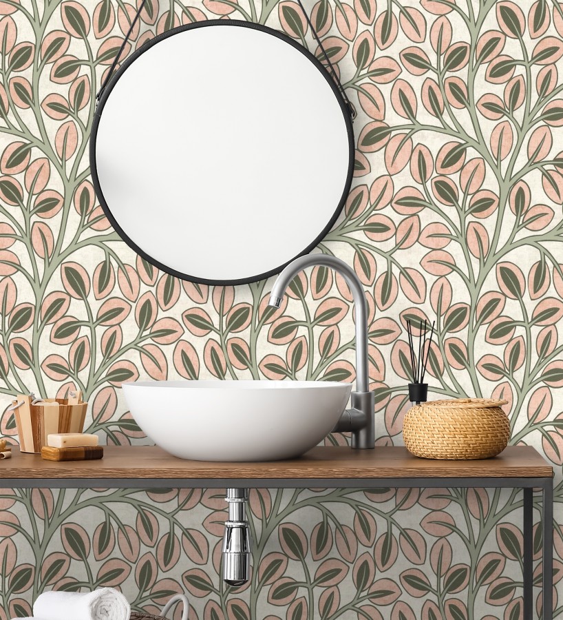 Papel pintado botánico retro refinado hojas salmón fondo arena claro  Pippa Spring 684954
