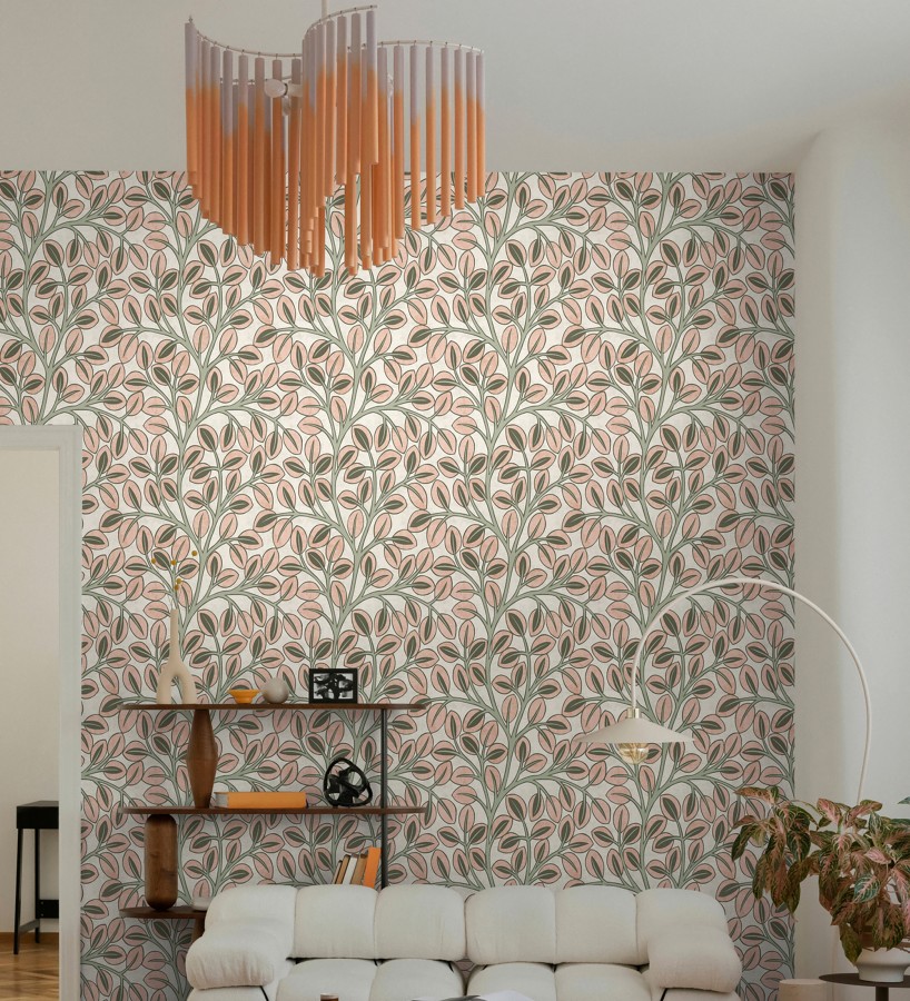 Papel pintado botánico retro refinado hojas salmón fondo arena claro  Pippa Spring 684954