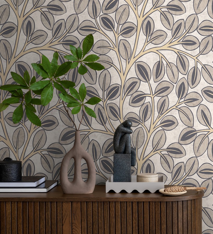 Papel pintado botánico retro refinado hojas taupe fondo gris claro  Pippa Spring 684955