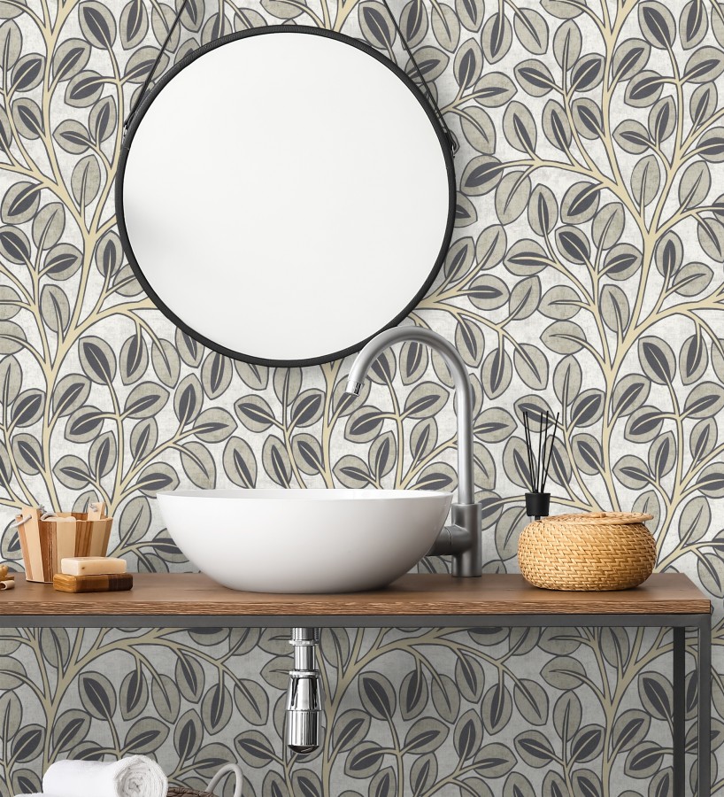 Papel pintado botánico retro refinado hojas taupe fondo gris claro  Pippa Spring 684955