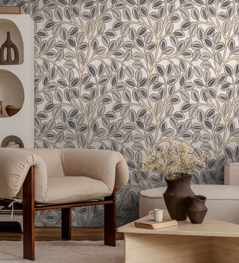 Papel pintado botánico retro refinado hojas taupe fondo gris claro  Pippa Spring 684955