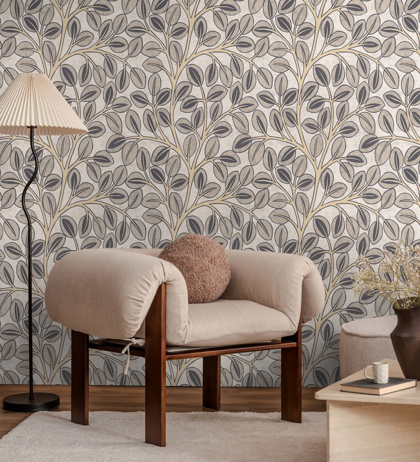 Papel pintado botánico retro refinado hojas taupe fondo gris claro  Pippa Spring 684955