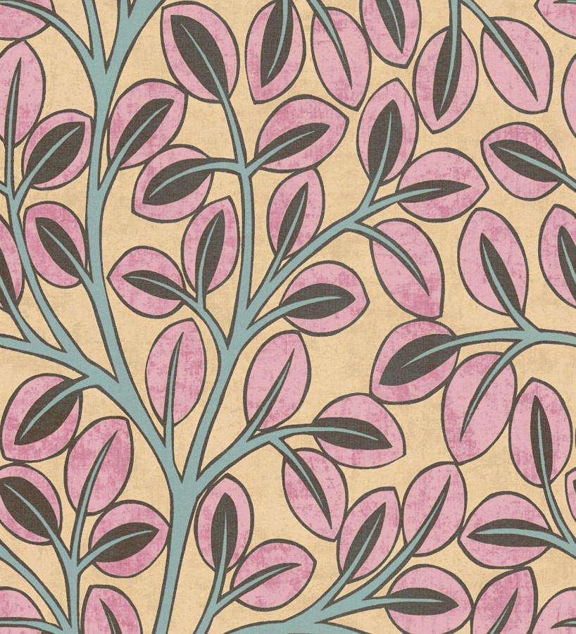 Papel pintado botánico retro refinado hojas rosa fondo ocre  Pippa Spring 684956