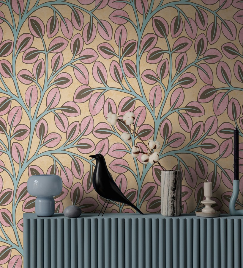 Papel pintado botánico retro refinado hojas rosa fondo ocre  Pippa Spring 684956