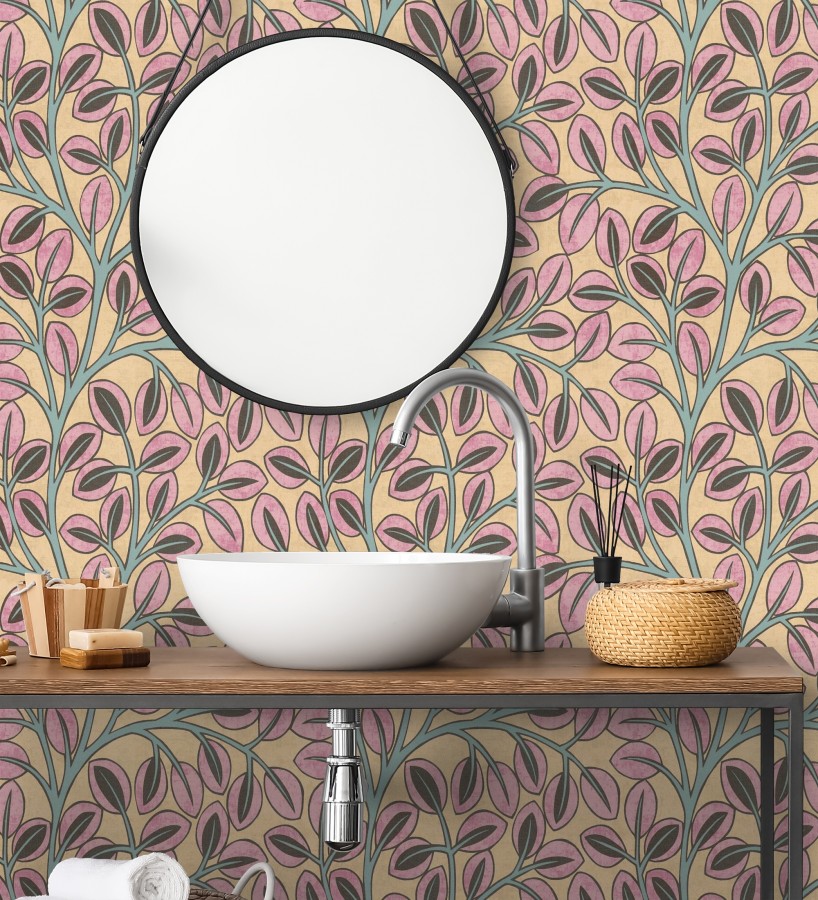 Papel pintado botánico retro refinado hojas rosa fondo ocre  Pippa Spring 684956