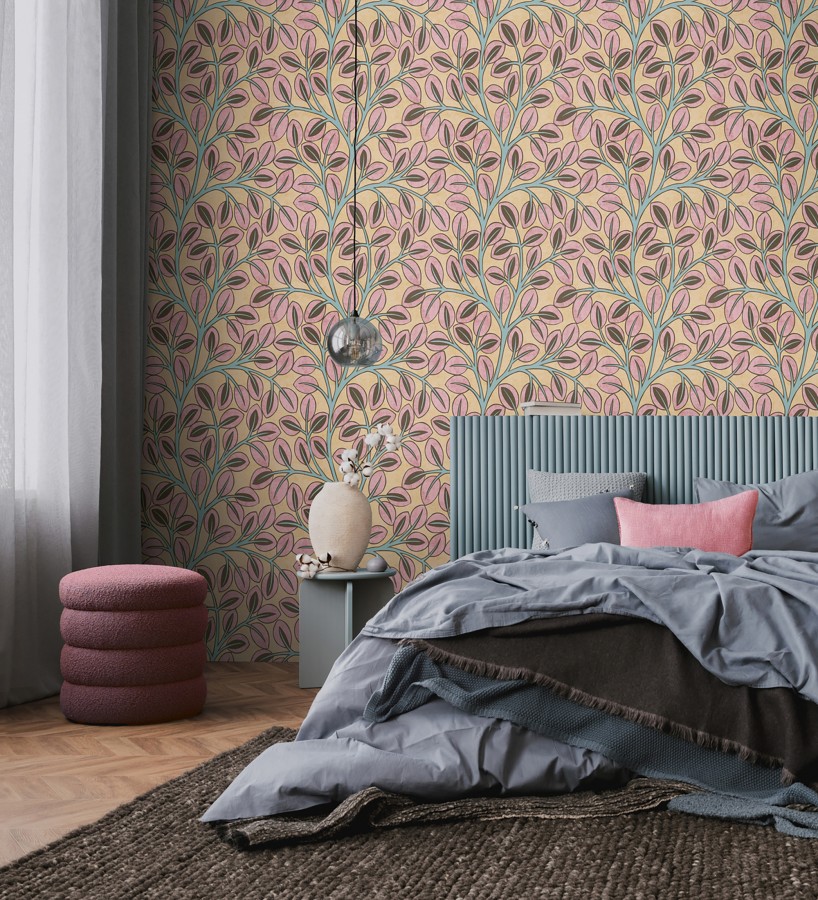 Papel pintado botánico retro refinado hojas rosa fondo ocre  Pippa Spring 684956