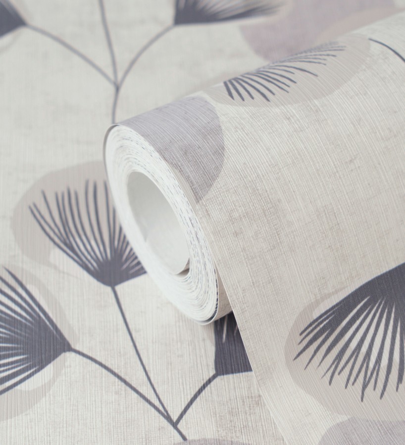 Papel pintado flores japonesas grises con forma de abanico estilo retro  Sakura Delicate 684958