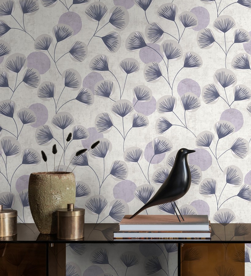 Papel pintado flores japonesas grises con forma de abanico estilo retro  Sakura Delicate 684958